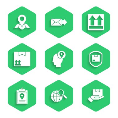 Karton kutular, el, paket güvenlik kalkanı, belge takip sistemi, mukavva trafik sembolü, bu taraf ve harita kağıt simgesi üzerinde yer tutucu ile teslimatçı ayarlayın. Vektör