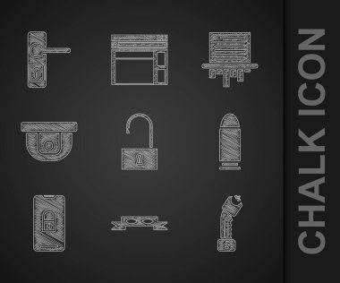 Açık asma kilit, Hırsız göz maskesi, Polis elektrik şoku, Kurşun, Mobil, hareket sensörü, kağıt öğütücü ve kapı kolu simgesini ayarla. Vektör