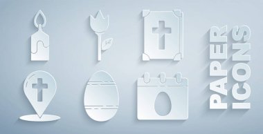 Paskalya yumurtası, kutsal İncil kitabı, Hristiyan haçlı harita işaretçisi, takvim, çiçek lalesi ve yanan mum ikonu. Vektör