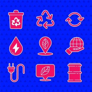 Konumu yaprak, fıçı, el tutuşu Dünya küresi, elektrik prizi, su enerjisi, tazeleme ve geri dönüşüm çöp kutusu simgesi ile ayarlayın. Vektör