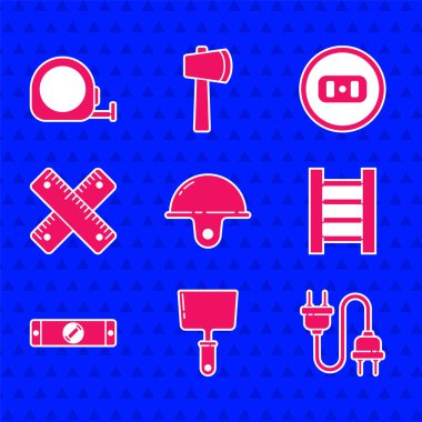 İşçi kaskı, macun bıçağı, elektrik prizi, tahta merdiven, inşaat balonu seviyesi, çapraz cetvel, elektrik prizi ve rulet inşaat ikonu. Vektör