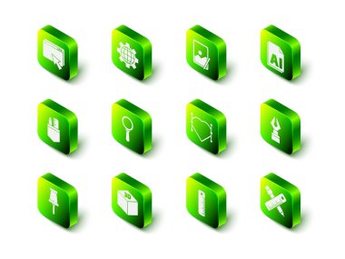 Dünyanın Küresi ve teçhizatını ayarla, Grafik tableti, yapay zeka dosyası, dolmakalem ucu, çapraz cetvel kalem, Bezier eğrisi olan kalp, cetvel ve Isometric küp simgesi. Vektör