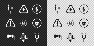Ses krikosunu, yüksek voltajı, şimşek şimşeğini, direniş elektriğini, işlemcili işlemciyi, elektrik kablosunu, ünlem üçgenini ve şema ikonunu ayarla. Vektör