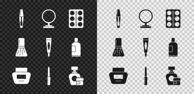 Mascara fırçası, yuvarlak makyaj aynası, göz farı paleti, krem losyon kozmetik tüpü, tırnak törpüsü, makyaj ve ikon. Vektör