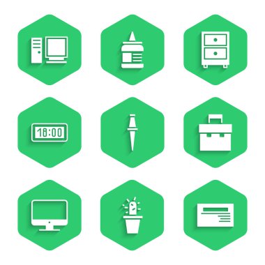 Push pin, kaktüs ve sulu ot, kartvizit, evrak çantası, bilgisayar monitörü, dijital alarm saati, belgeli çekmece ve simge. Vektör