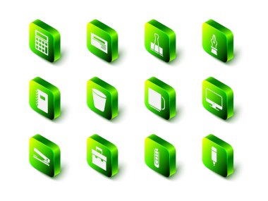 Kartvizit, ataç, dolmakalem ucu, bilgisayar monitörü, işaret, kahve fincanı, kırtasiye bıçağı ve evrak çantası simgesi. Vektör