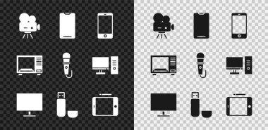 Retro sinema kamerası, akıllı telefon, cep telefonu, bilgisayar monitörü, USB flash disk, grafiksel tablet, mikrodalga fırın ve mikrofon simgesi. Vektör