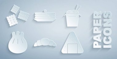 Kruvasan, Asya eriştesi ve çubukları, kesim tahtasında Khinkali, Onigiri, gözleme yığını ve bisküvi ikonu. Vektör