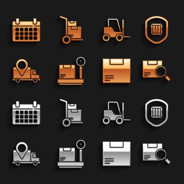 Karton kutu, teslimat güvenlik kalkanı, arama paketi, karton, izleme, forklift, takvim ve el ve kutu simgesi ile ölçek ayarla. Vektör
