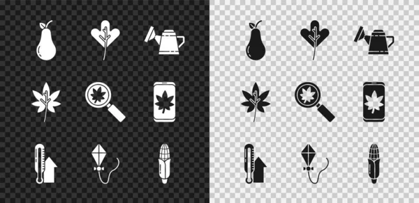 Set Pear, Leaf or leaves, Watering can, Meteorology thermometer, Kite, Corn, and Magnifying glass with leaf icon. Vector — Stock Vector