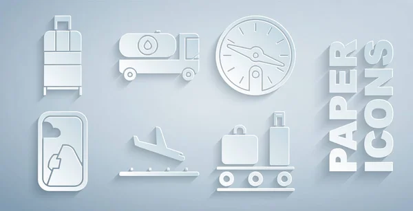 Uçak inişini, pusulayı, uçak penceresini, bavullu havaalanı taşıma bandını, yakıt tankeri kamyonunu ve çanta ikonunu ayarla. Vektör — Stok Vektör