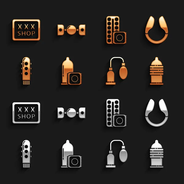 Set Condom, Dildo vibrator, safe sex, Penis pump, Birth control pills and condom, Sex shop and Silicone ball gag with belt icon. Vector —  Vetores de Stock