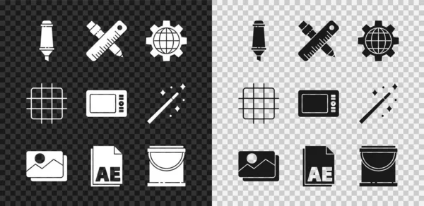 Markierungsstift, Lineal und Bleistift, Erdkugel, Bildlandschaft, AE-Dateidokument, Farbeimer, Gitterdiagrammpapier und Grafiktablette. Vektor — Stockvektor