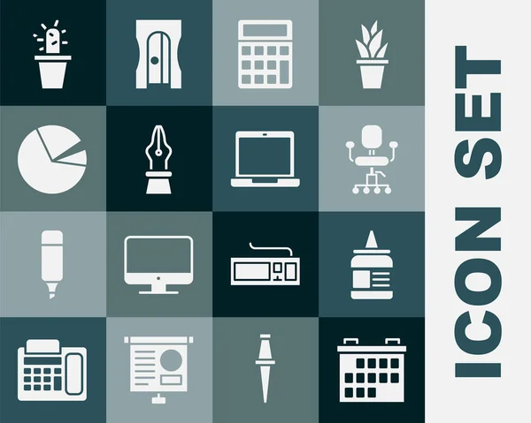 Set Kalender, Kleber, Bürostuhl, Taschenrechner, Füllfederfeder, Kuchendiagramm-Infografik, Kaktus und saftigen Topf und Laptop-Symbol. Vektor — Stockvektor