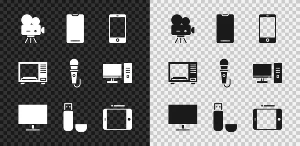 Set Retro cinema κάμερα, Smartphone, κινητό τηλέφωνο, οθόνη υπολογιστή, USB flash drive, Graphic tablet, φούρνο μικροκυμάτων και εικονίδιο μικροφώνου. Διάνυσμα — Διανυσματικό Αρχείο
