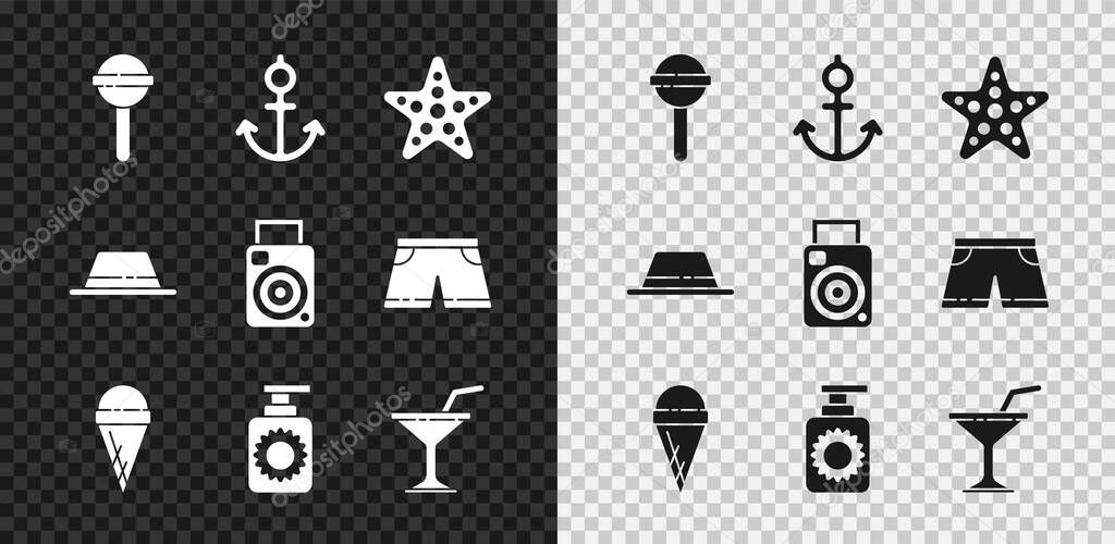 Set Lollipop, Anchor, Starfish, Ice cream in waffle cone, Sunscreen spray bottle, Martini glass, Man hat with ribbon and Photo camera icon. Vector