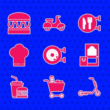 Donut, alışveriş arabası ve yemek, Scooter teslimatı, online sipariş, kağıt cam burger, şef şapkası, kafe restoranı mekanı ve Burger ikonu. Vektör