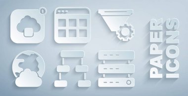 Hiyerarşi organogram şeması, filtre ayarı, Sosyal ağ, Sunucu, Veri, Web Sunucusu, Tarayıcı dosyaları ve Bulut teknolojisi veri aktarım simgesini ayarla. Vektör