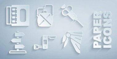 İsviçre çakısı, şırınga, trafik levhası, bandana ya da motorcu eşarbı, kantin su şişesi ve kibrit kutusu ikonu koyun. Vektör