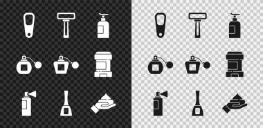 Ayaklar için sünger taşı, tıraş bıçağı, krem losyon kozmetik tüpü, parfüm, tırnak cilası şişesi ve ikon. Vektör