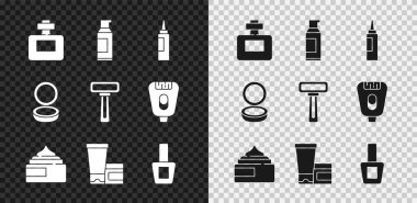 Parfüm, saç spreyi spreyi, krem losyon kozmetik tüpü, tırnak cilası şişesi aynalı makyaj pudrası ve tıraş jileti ikonu. Vektör
