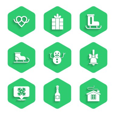 Noel kardan adamı, şampanya şişesi, Merry House, zil, Snowflake konuşma balonu figür patenler ve simge simgesi. Vektör