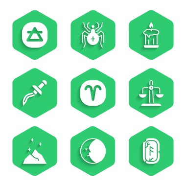 Koç burcu, ay, sihirli rünler, terazi, toz, hançer, yanan mum ve hava element simgesini ayarla. Vektör