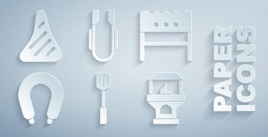 Barbekü spatulası, barbekü spatulası, sosis, Brick sobası, et maşası ve biftek ikonu. Vektör