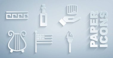 Yunanistan ulusal bayrağı, Antik sütun, Lir, Meşale alevi, bir şişe zeytinyağı ve Yunan desen ikonu. Vektör