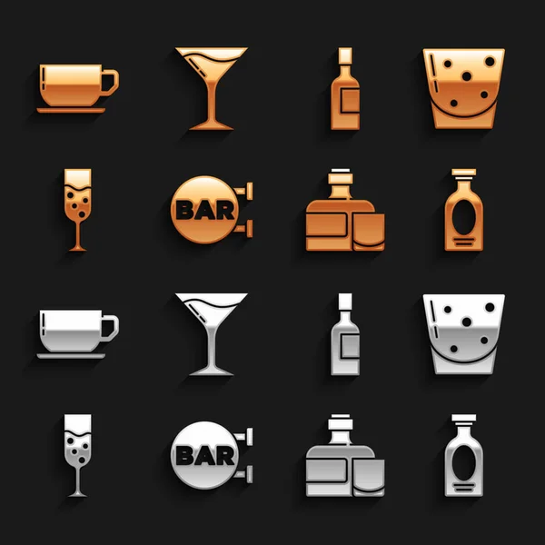 Set Street letrero con bar, copa de ron, bebida alcohólica Ron, botella de whisky y copa, champán, champán, taza de café y Martini icono. Vector — Vector de stock