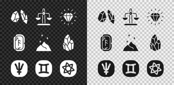 Állítsa be a mágikus kő, Mérleg állatöv, Gyémánt, Neptun bolygó, Gemini, Tarot kártyák, rúnák és por ikon. Vektor — Stock Vector