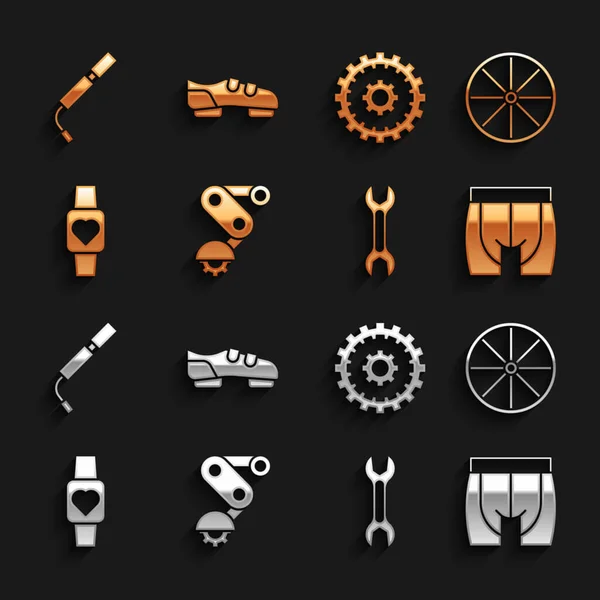 Derailleur bisiklet arka, bisiklet tekerleği, bisiklet şortu, İngiliz anahtarı, akıllı saat, kaset, hava pompası ve ayakkabı ikonu. Vektör — Stok Vektör