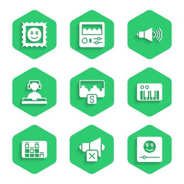 Müzik dalga dengeleyicisini, konuşmacıyı, çalgıcıyı, sentezleyiciyi, DJ 'i müzik çalarken, ses hacmini ve LSD asit simgesini ayarla. Vektör