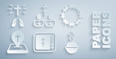 Çevrimiçi kilise papazı vaazı, dikenli taç, konum binası, Hıristiyan haçı, rahip ve el dua ikonu. Vektör