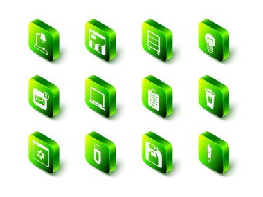 Grafik grafiği bilgisini, arşiv kağıtları çekmecesini, ampulü, kahve fincanını, dolmakalem ucunu, listelemek veya planlamak için Disket ve USB flash disk simgesini ayarlayın. Vektör