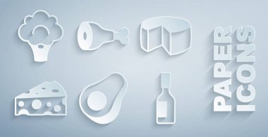 Avokado meyvesi, peynir, acı sos, tavuk budu ve brokoli ikonu. Vektör