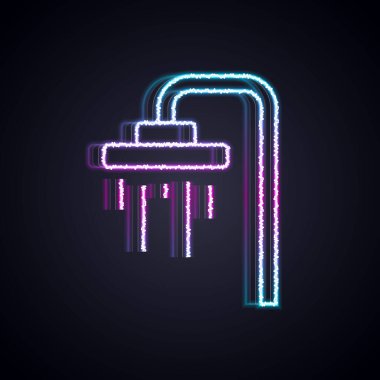 Parlayan neon hattı. Siyah zemin üzerinde su damlaları akan ikon olan duş başlığı izole edilmiş. Vektör