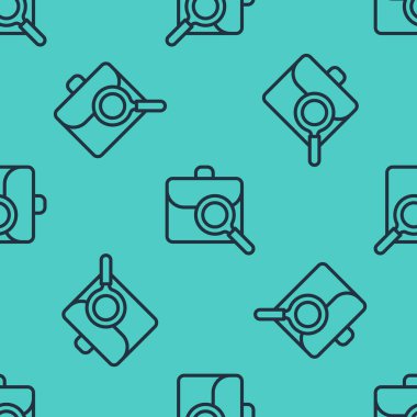 Siyah çizgi büyüteç ve yeşil arka planda izole edilmiş evrak çantası simgesi var. İş arıyorum. İş arama konsepti. İşsizlik, kelle avcılığı, kariyer. Vektör