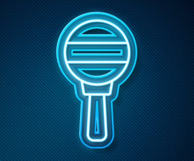 Parlayan neon hattı mavi arka planda izole edilmiş oyuncak bebek ikonu. Fasulye torbası işareti. Vektör