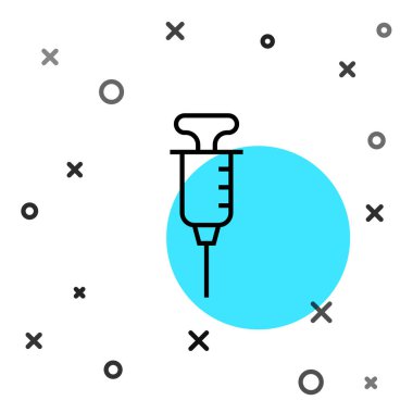 Siyah çizgi şırınga simgesi beyaz arkaplanda izole edildi. Aşı için şırınga, aşı, iğne, grip aşısı. Tıbbi ekipman. Rastgele dinamik şekiller. Vektör