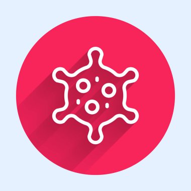 Beyaz çizgi Virüs simgesi uzun gölge arkaplanı ile izole edildi. Corona virüsü 2019-nCoV. Bakteri ve mikroplar, hücre kanseri, mikrop, mantar. Kırmızı daire düğmesi. Vektör