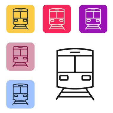 Siyah hat tren ve demiryolu ikonu beyaz arka planda izole edildi. Toplu taşıma sembolü. Metro treni nakliyesi. Metro yeraltı. Renkli kare düğmelerle simgeleri ayarla. Vektör