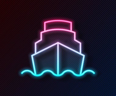 Okyanus simgesinde parlayan neon hattı seyahat gemisi siyah arka planda izole edildi. Dünyayı dolaşmak. Vektör