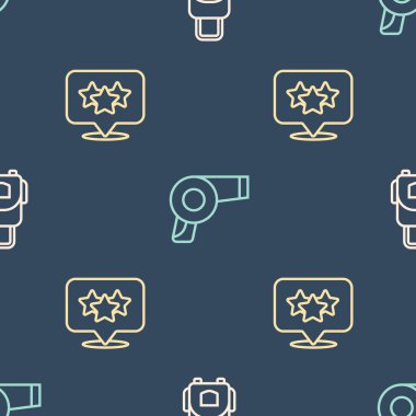 Çizgi çantası, yıldız puanı ve saç kurutma makinesini kusursuz desene ayarlayın. Vektör