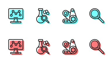 Çizgi çizgisi, kemer kiti, genetik mühendislik, test tüpü ve büyüteç ikonu. Vektör