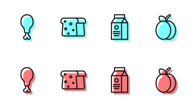 Süt, tavuk budu, ekmek tostu ve erik meyvesi ikonu için paket hazırla. Vektör
