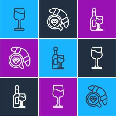 Çizgi şarap kadehi, şişe ve kahve bardağı kruvasan ikonu. Vektör