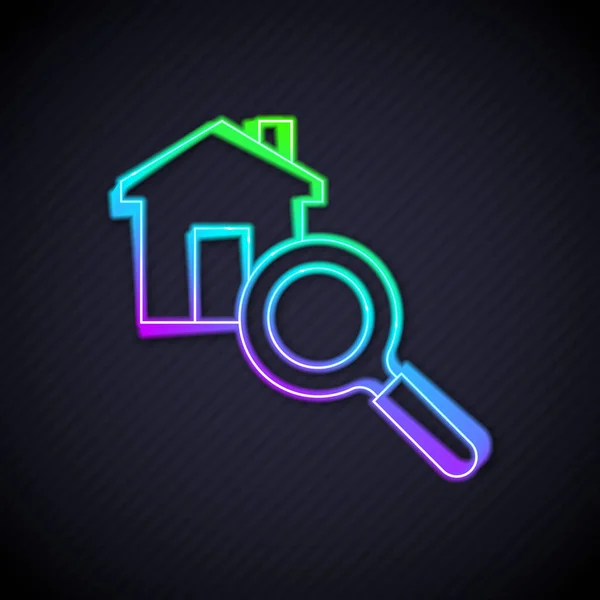 Linha de néon brilhante Pesquisa ícone de casa isolado no fundo preto. Símbolo imobiliário de uma casa sob lupa. Vetor —  Vetores de Stock