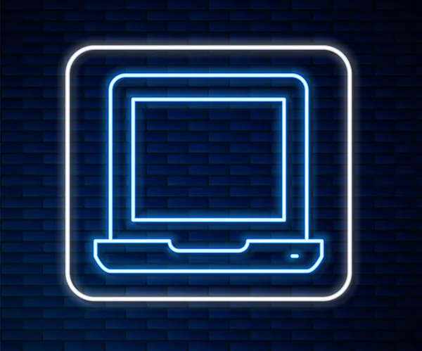 Icono brillante línea de neón portátil aislado en el fondo de la pared de ladrillo. Computadora portátil con pantalla vacía. Vector — Vector de stock