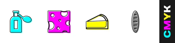 Set parfum, keju, Cherry cheesecake slice dan French baguette ikon roti. Vektor - Stok Vektor